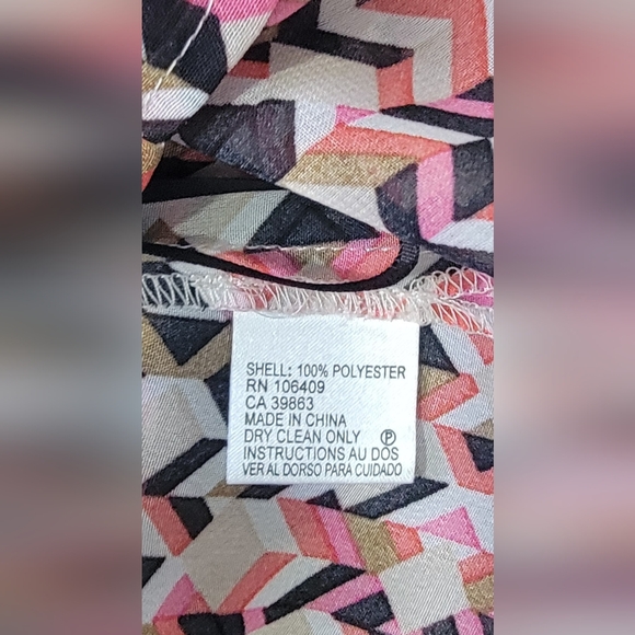 TAHARI Sleeveless Blouse Women's XL Pink Black & Tan Abstract Semi Sheer Ruffled - Picture 9 of 13